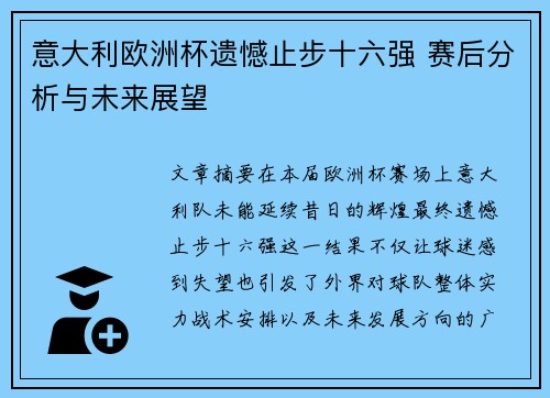 意大利欧洲杯遗憾止步十六强 赛后分析与未来展望